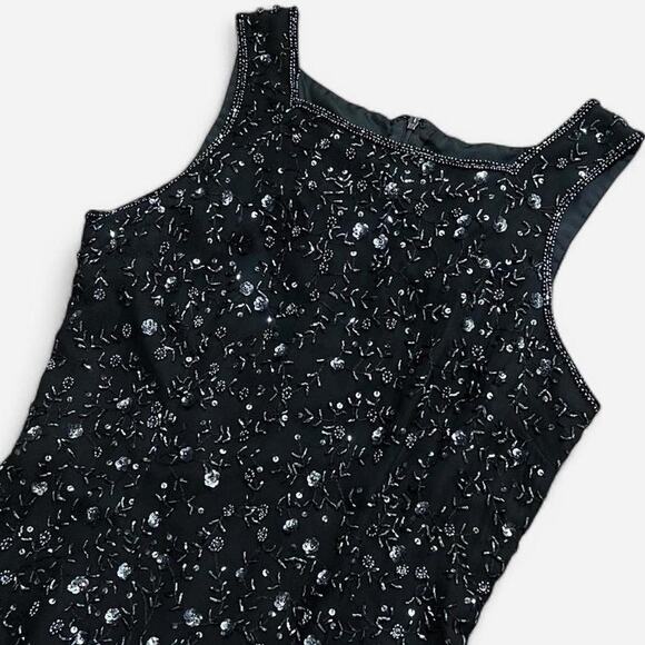 VTG 90s Phoebe Black & Gunmetal Silk Floral Beaded Sparkly Sequin Mini Dress 2 - Picture 7 of 8